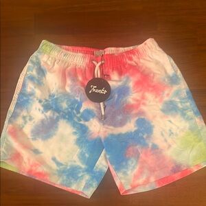 Franks Australia men’s Tie Dye Mottel Blue Multi color swim trunks. NWT. SSB405